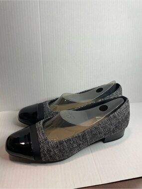 Clarks Grey Tweed Flats with Black Patent Cap Toe